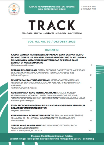 					Lihat Vol 2 No 2 (2023): TRACK: JURNAL KEPEMIMPINAN KRISTEN, TEOLOGI, DAN ENTREPRENEURSHIP
				