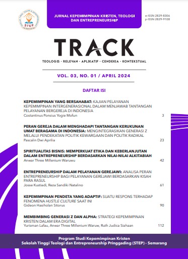 					Lihat Vol 3 No 1 (2024): TRACK: JURNAL KEPEMIMPINAN KRISTEN, TEOLOGI, DAN ENTREPRENEURSHIP
				